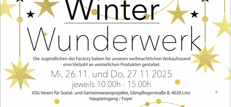VSG FACTORY-Weihnachtsstand am 26. & 27. November 2025 Einladungstext mit sschwarz und gold, zahlreiche Sterne