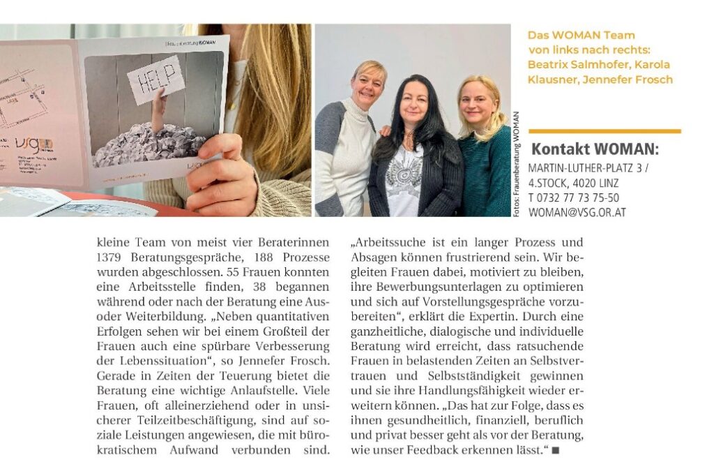 Zeitungsseite mit Schrift und Fotos mit drei Frauen.